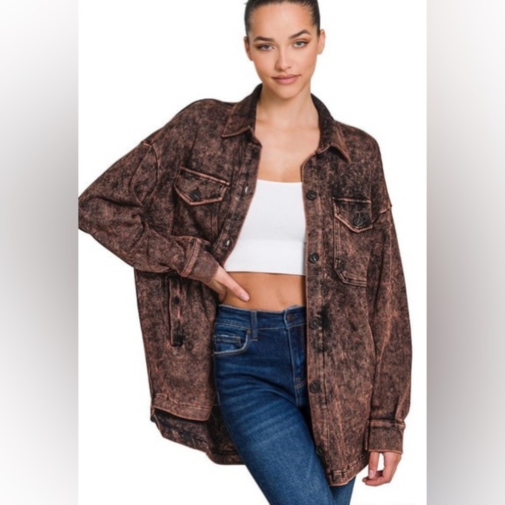 Zenana Rust Brown Acid Wash Cotton Shacket – Size 1X | NWOT